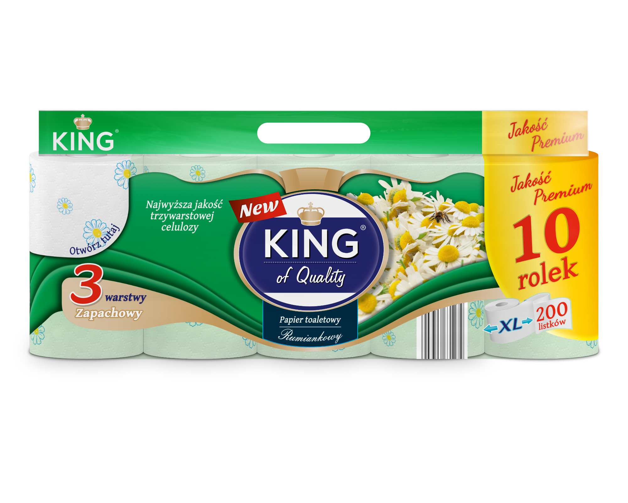 Toilet paper KING OF QUALITY Chamomile 10 rolls 3 ply bag with an integrated handle.